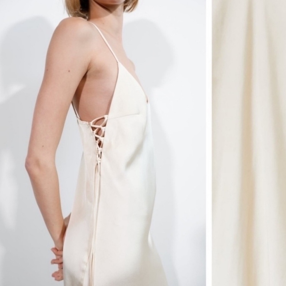 Zara Cream Slip Dress with Lace-Up Detail
